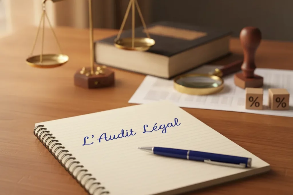Carnet à spirale portant la mention manuscrite « L'Audit Légal », stylo posé, balance, volume de comptes annuels, loupe et tampon sur une table en bois.