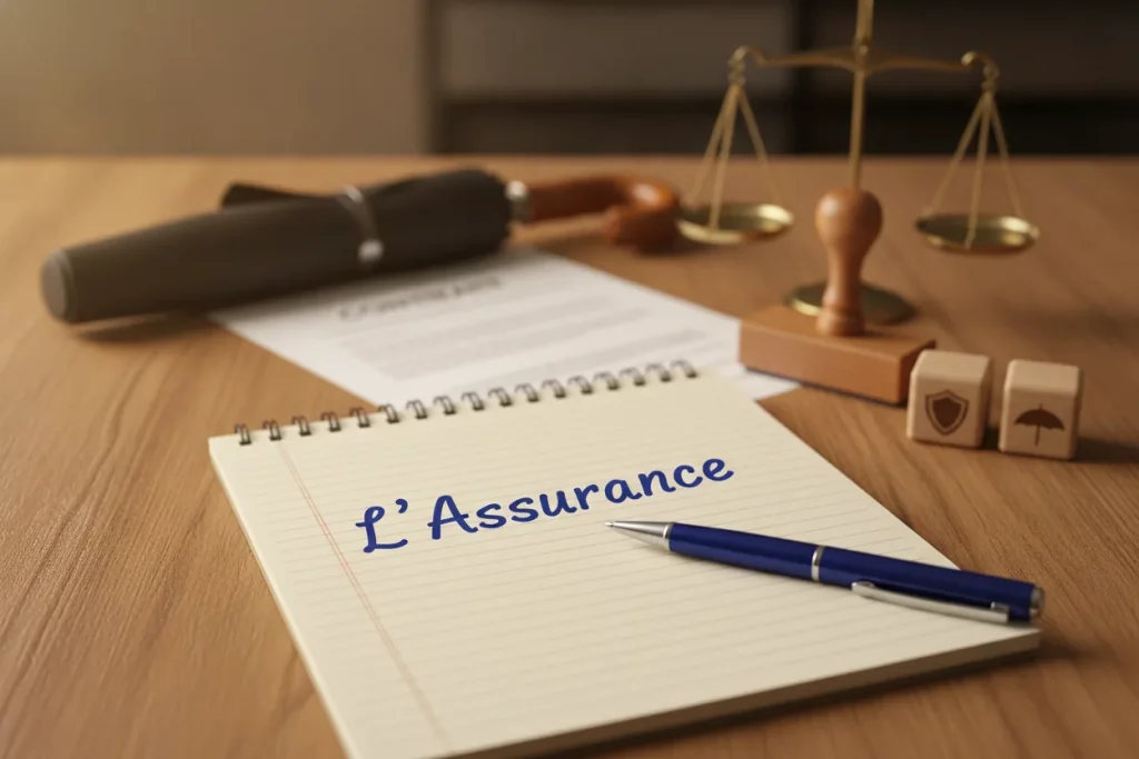 Carnet à spirale portant la mention manuscrite « L'Assurance », stylo posé, parapluie fermé, contrat, balance et tampon sur une table en bois.