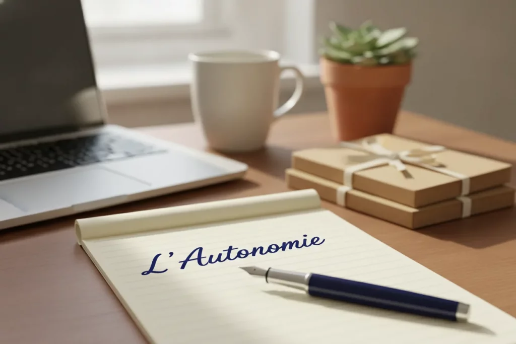 Bloc-notes portant la mention « L Autonomie », ordinateur portable, tasse et dossiers