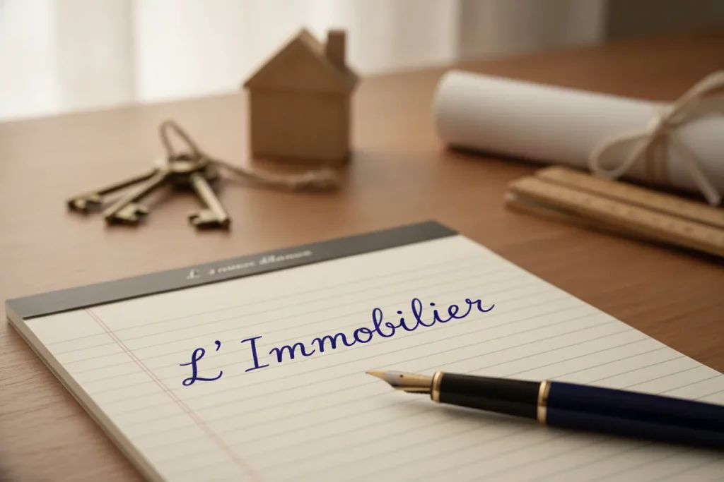 Bloc-notes portant la mention « L Immobilier », maison miniature, cles et plan roule