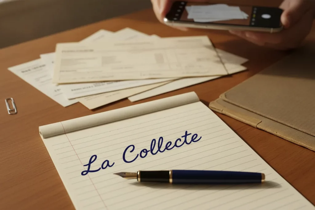 Bloc-notes portant la mention « La Collecte », factures etalees photographiees au telephone