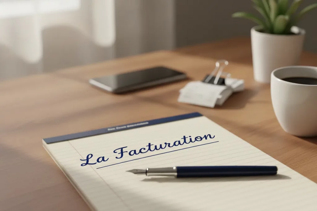Bloc-notes portant la mention « La Facturation », telephone, recus agrafes et tasse de cafe