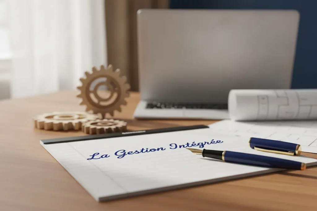 Bloc-notes portant la mention « La Gestion Integree », engrenages en bois et ordinateur portable