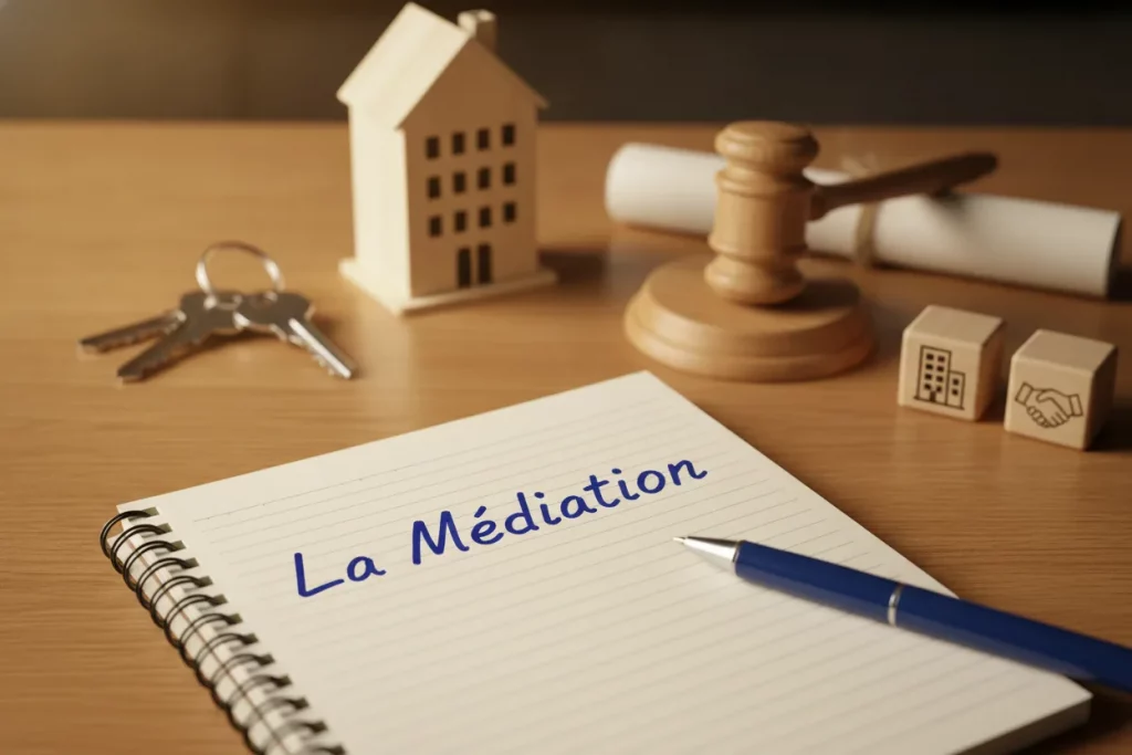 Carnet à spirale portant la mention manuscrite « La Médiation », stylo posé, immeuble en bois, clés, marteau d'audience et cubes sur une table.