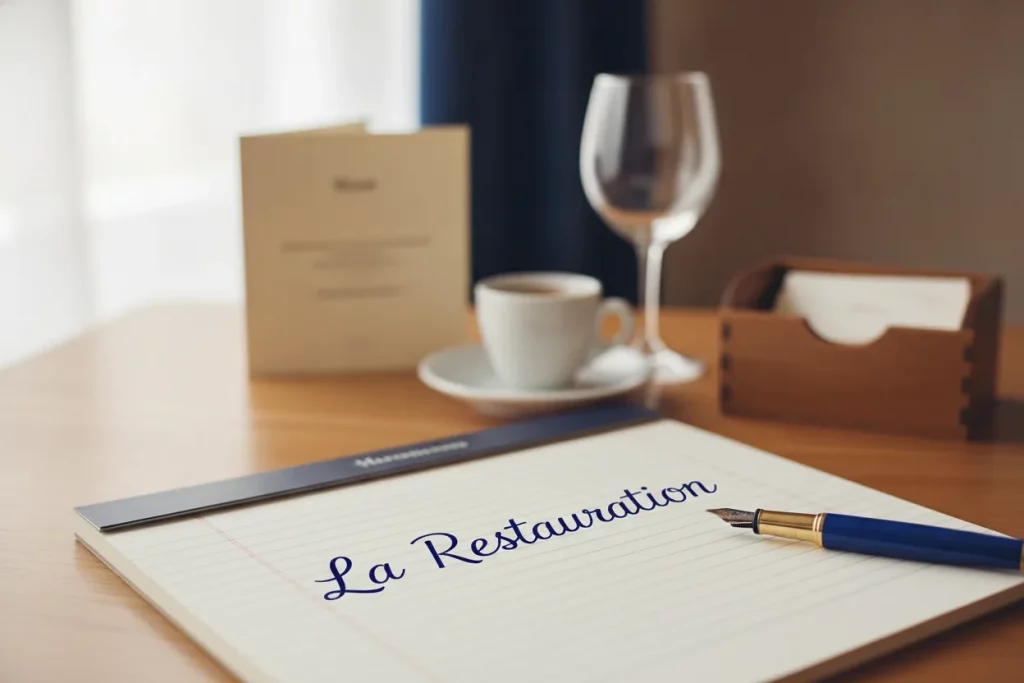 Bloc-notes portant la mention « La Restauration », carte de menu, tasse et verre a vin