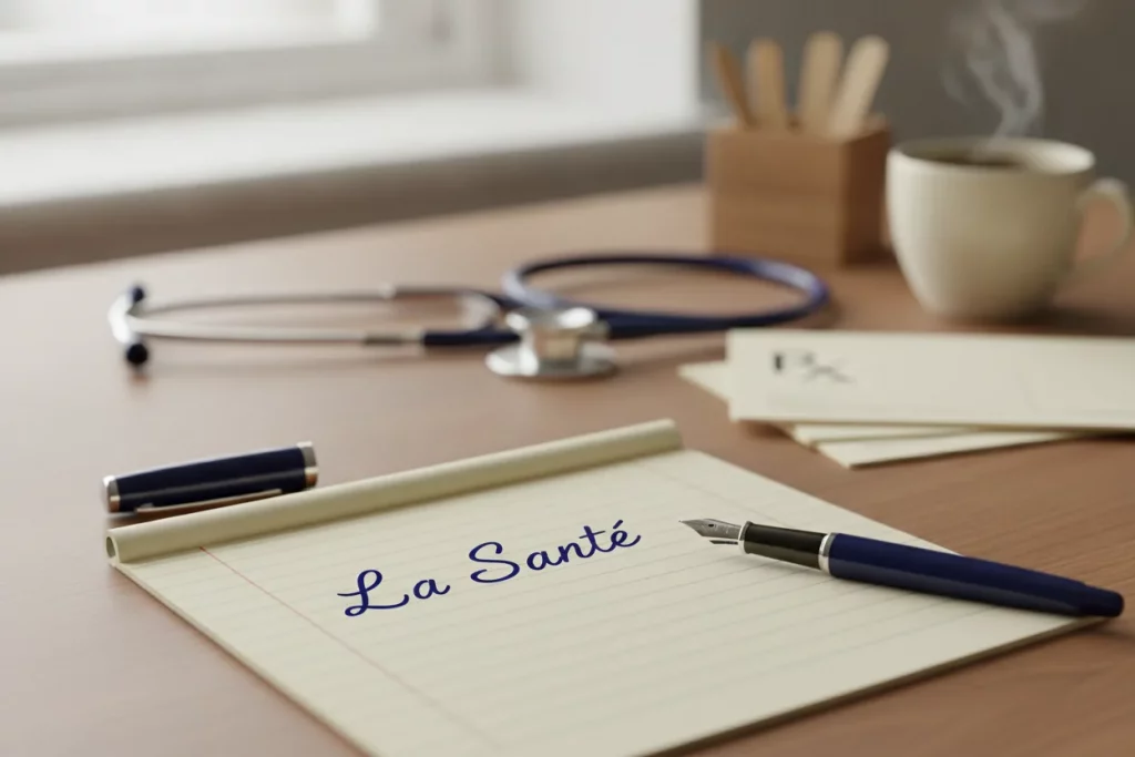 Bloc-notes portant la mention « La Sante », stethoscope et bloc d ordonnances