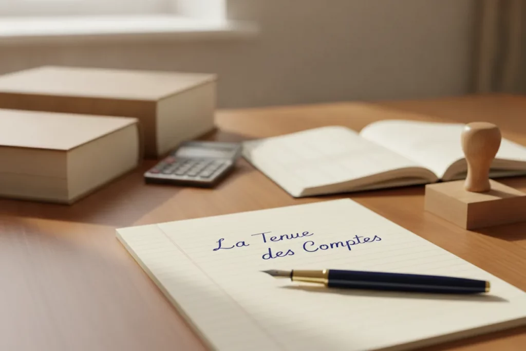 Bloc-notes portant la mention « La Tenue des Comptes », registres, calculatrice et journal a colonnes
