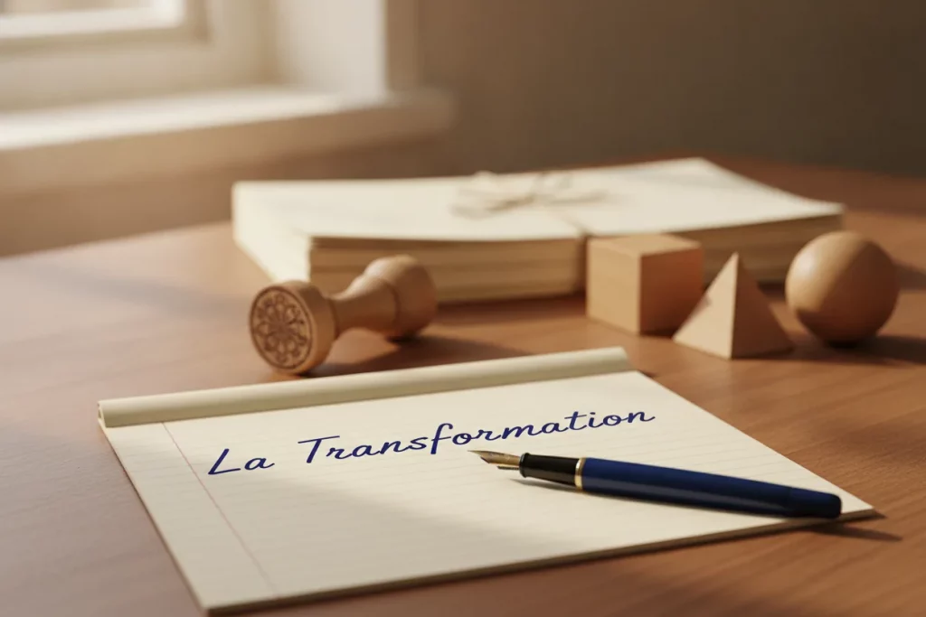 Bloc-notes portant la mention « La Transformation », tampon et formes geometriques en bois