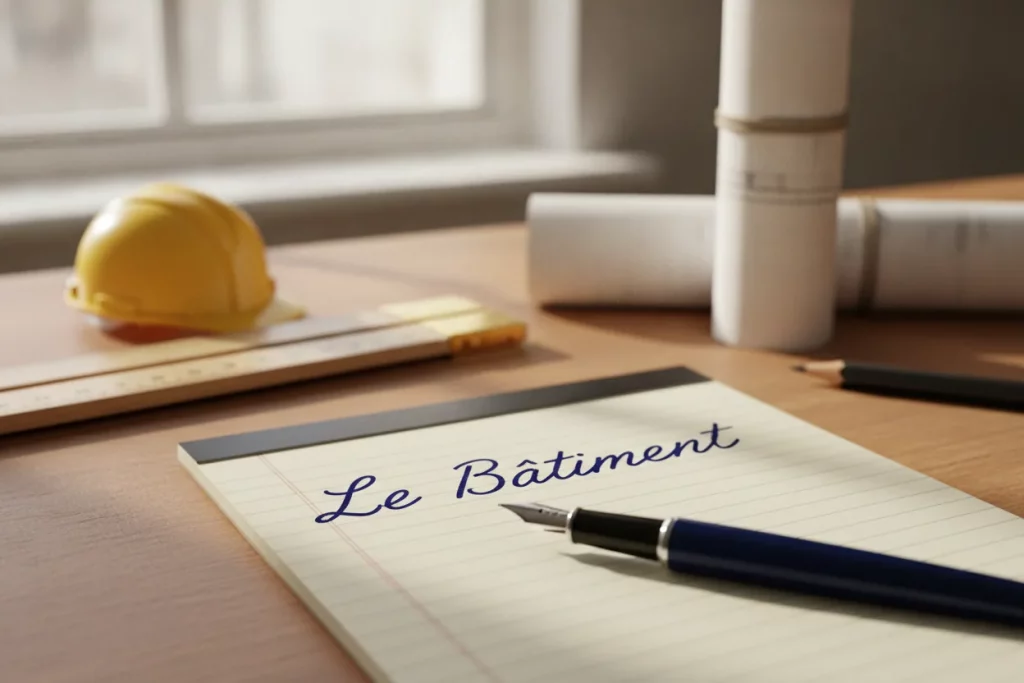 Bloc-notes portant la mention « Le Batiment », casque de chantier, metre pliant et plans roules