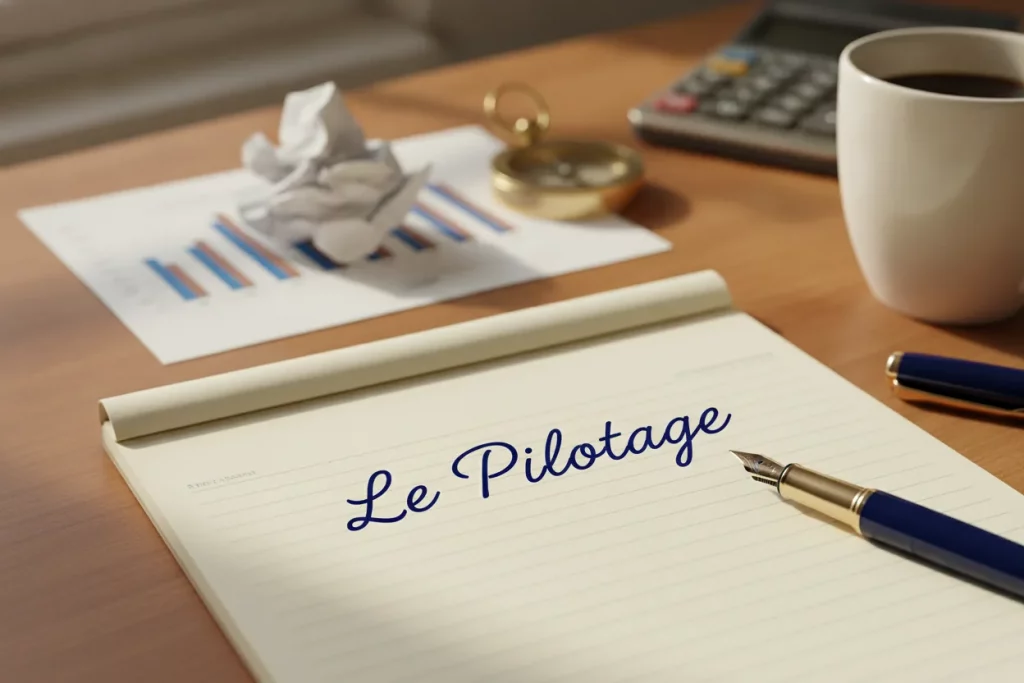 Bloc-notes portant la mention « Le Pilotage », graphique imprime, boussole et calculatrice