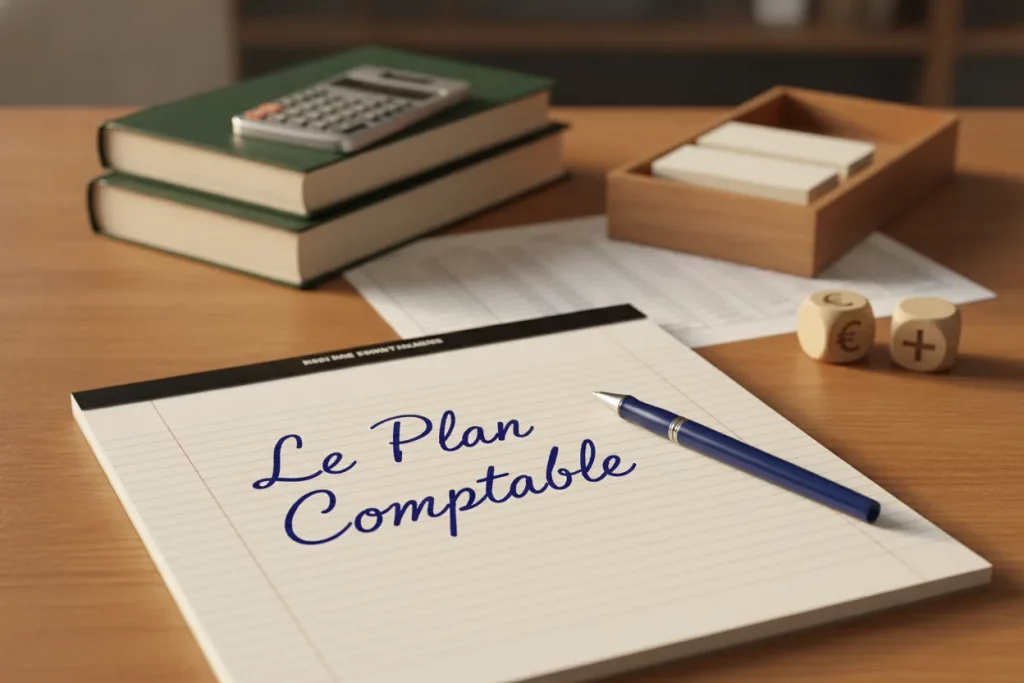 Carnet portant la mention manuscrite « Le Plan Comptable », stylo posé, calculatrice, registres, fichier à cartes et cubes sur une table en bois.