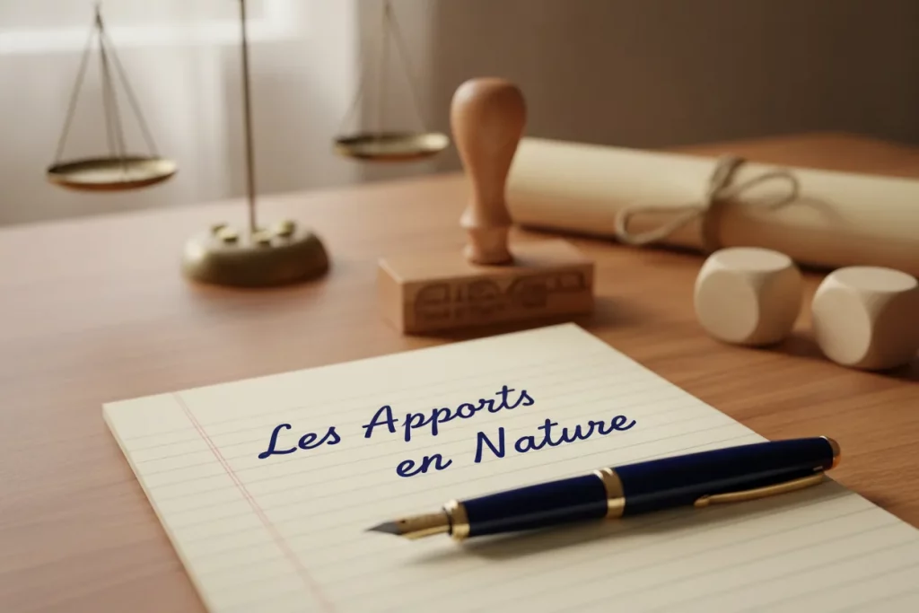 Bloc-notes portant la mention « Les Apports en Nature », balance et acte roule sur un bureau en bois