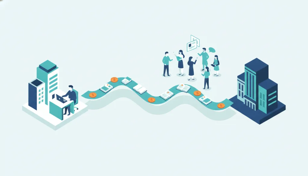 Illustration d'un dirigeant reliant son entreprise à un organisme de financement de la formation